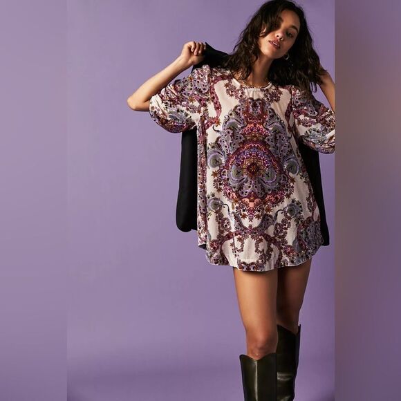 Free People / Maye Printed Velvet Tunic / Boho Sultry Mini Dress - Picture 1 of 4